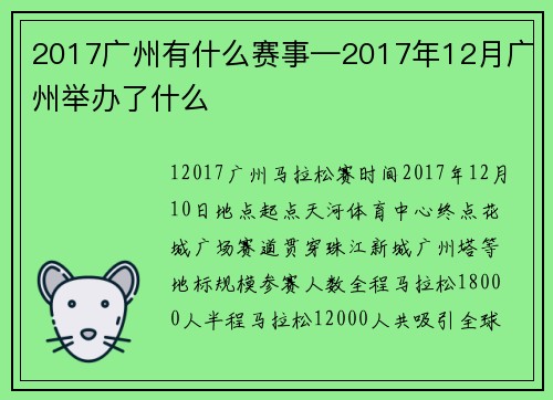 2017广州有什么赛事—2017年12月广州举办了什么